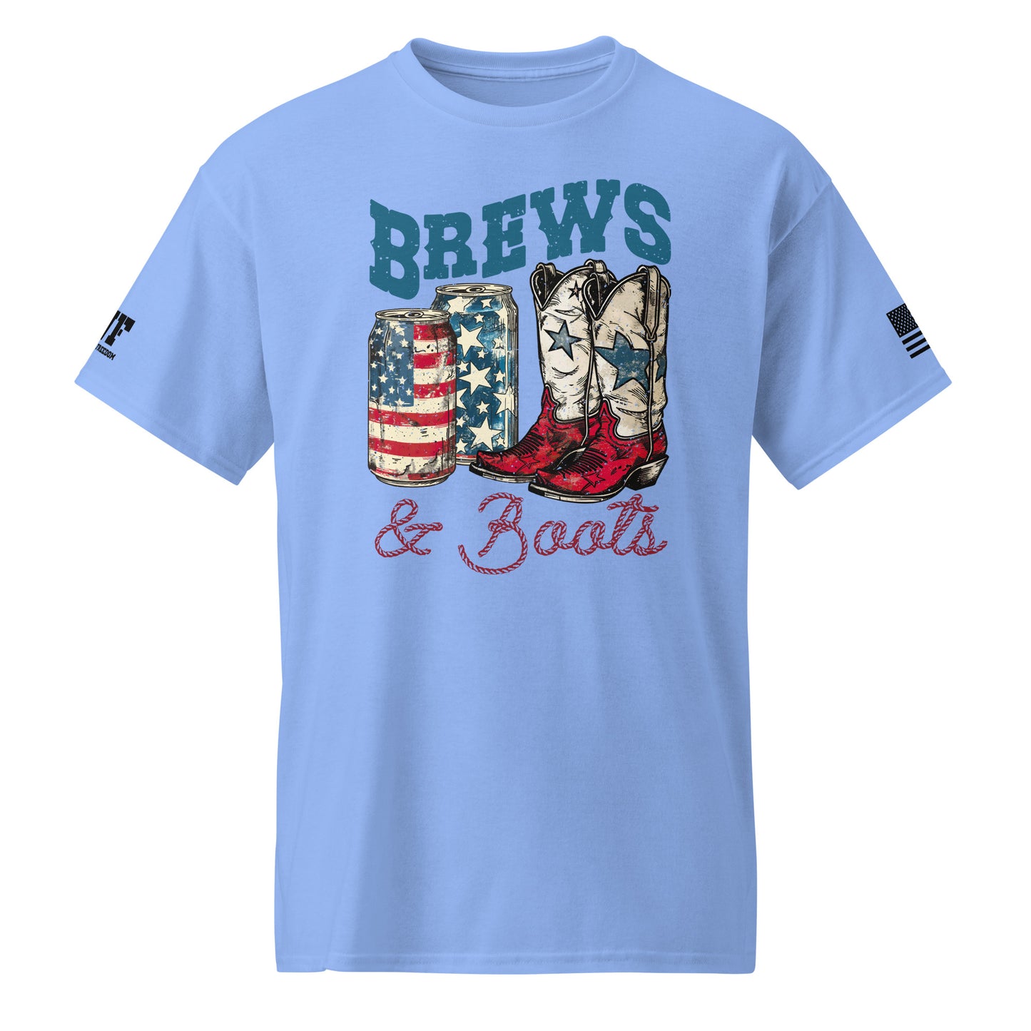 BLUE patriotic shirt that says brews & Boots with a picture of a beer and cowgirl boots.