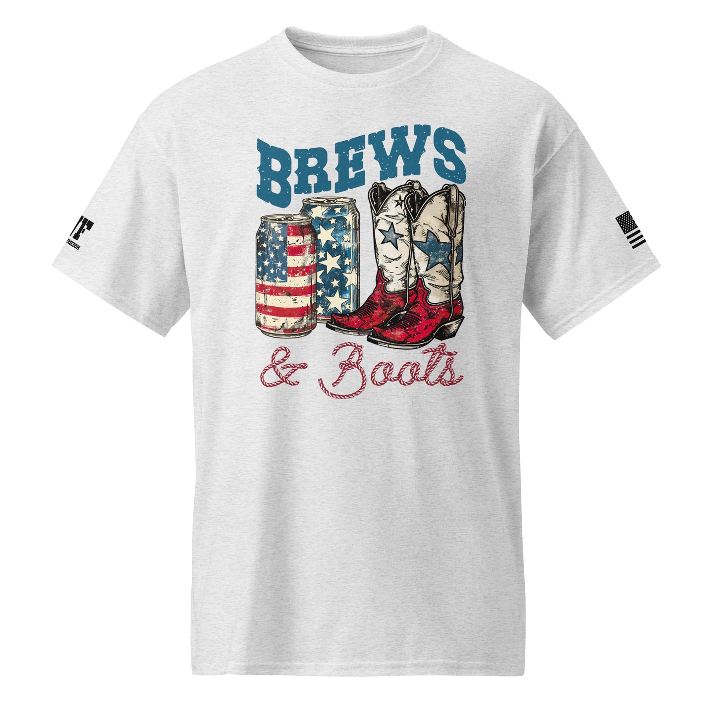 grey patriotic shirt that says brews & Boots with a picture of a beer and cowgirl boots.
