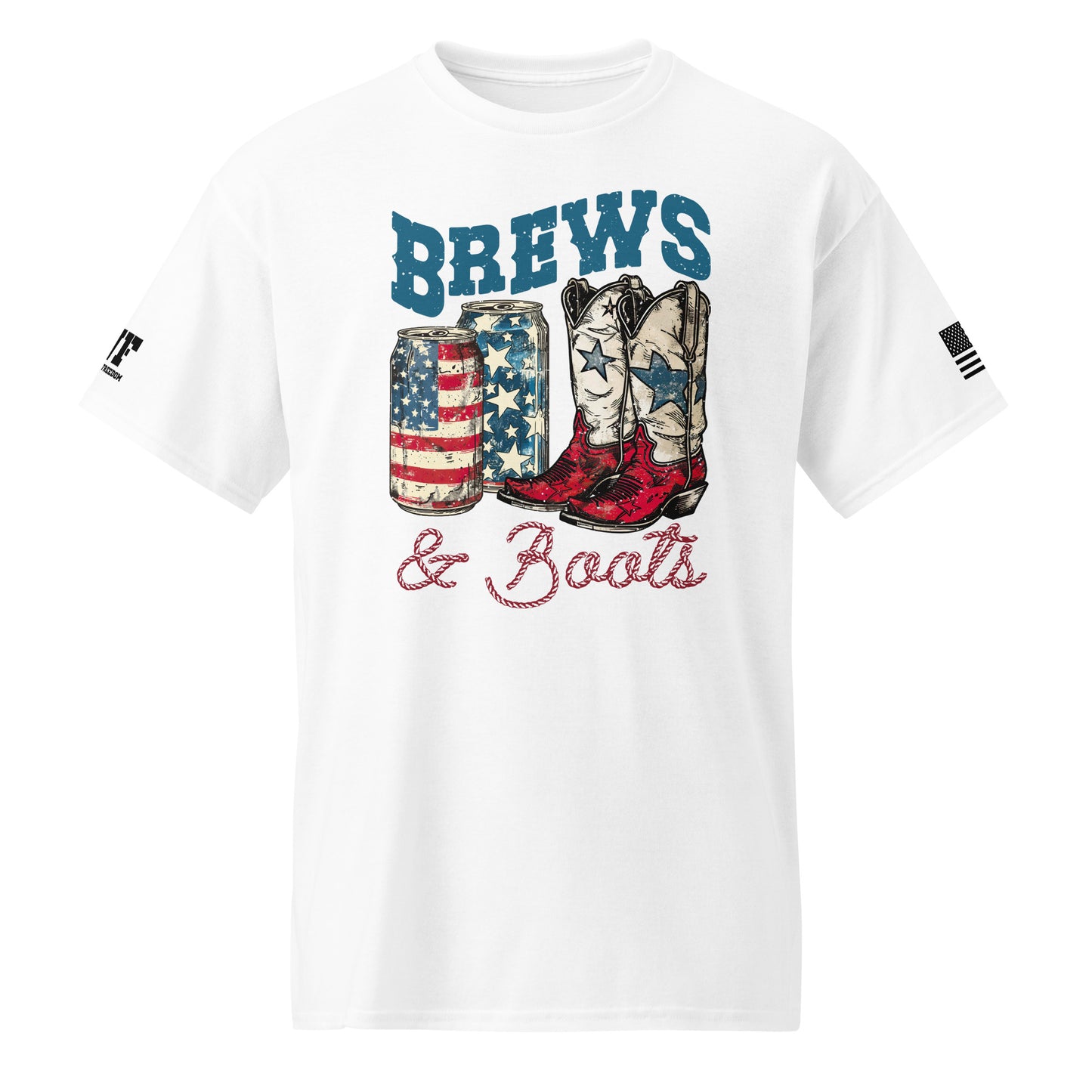 WHITE patriotic shirt that says brews & Boots with a picture of a beer and cowgirl boots.