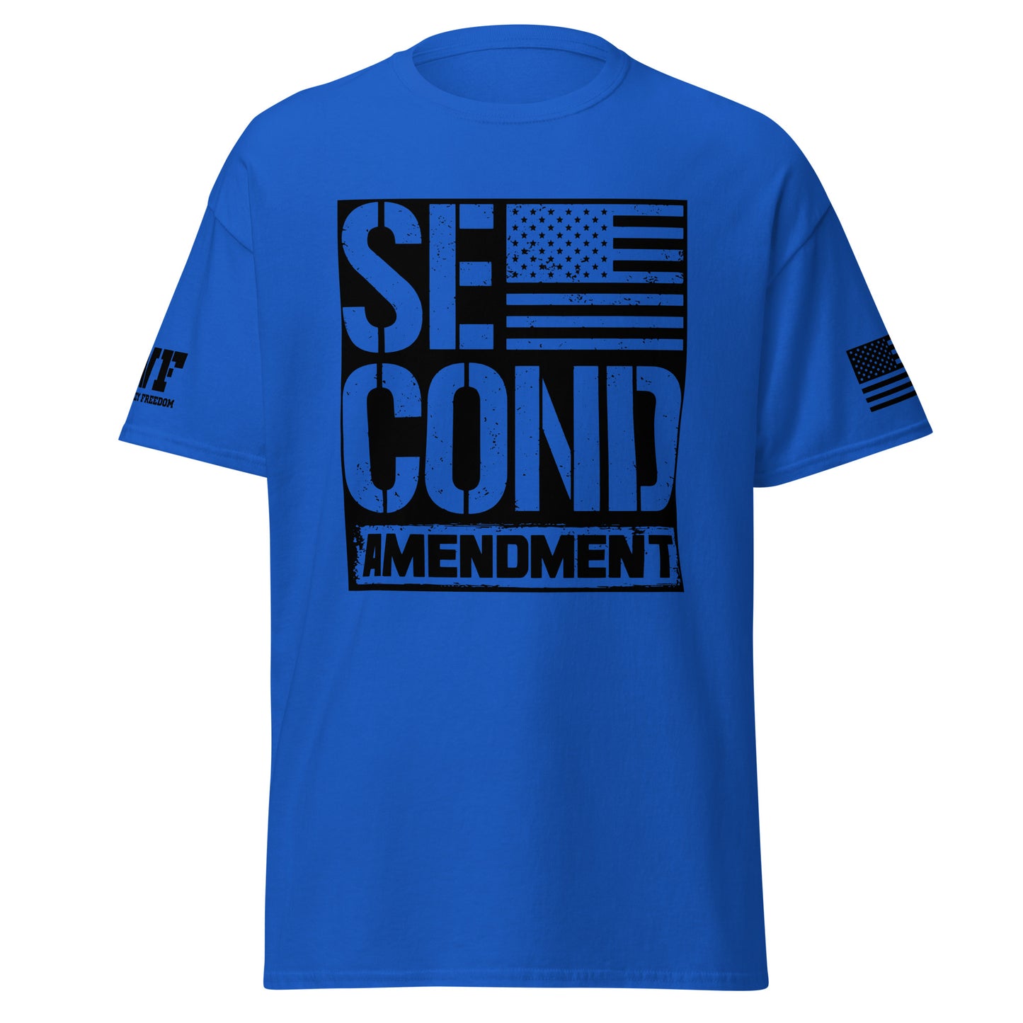 Blue patriotic t-shirt that says second amendment with an american flag