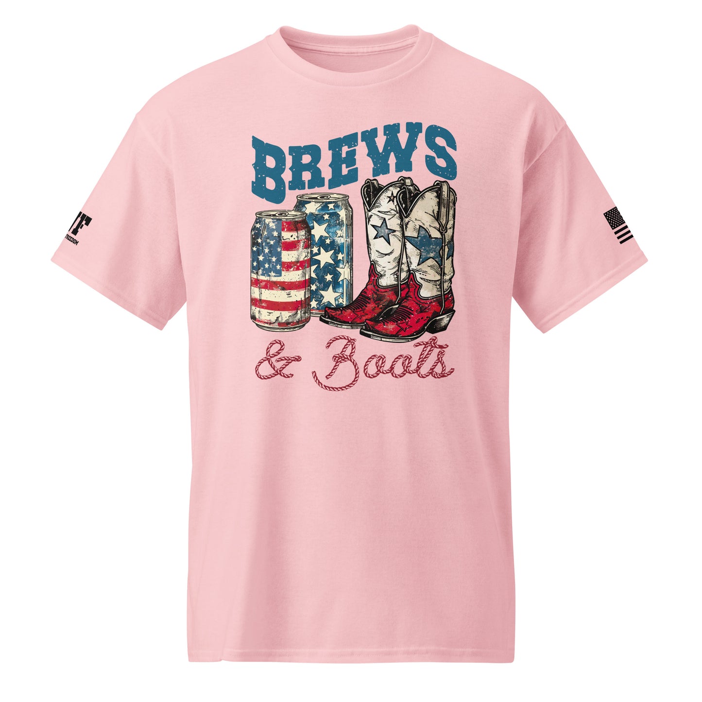 pink patriotic shirt that says brews & Boots with a picture of a beer and cowgirl boots.