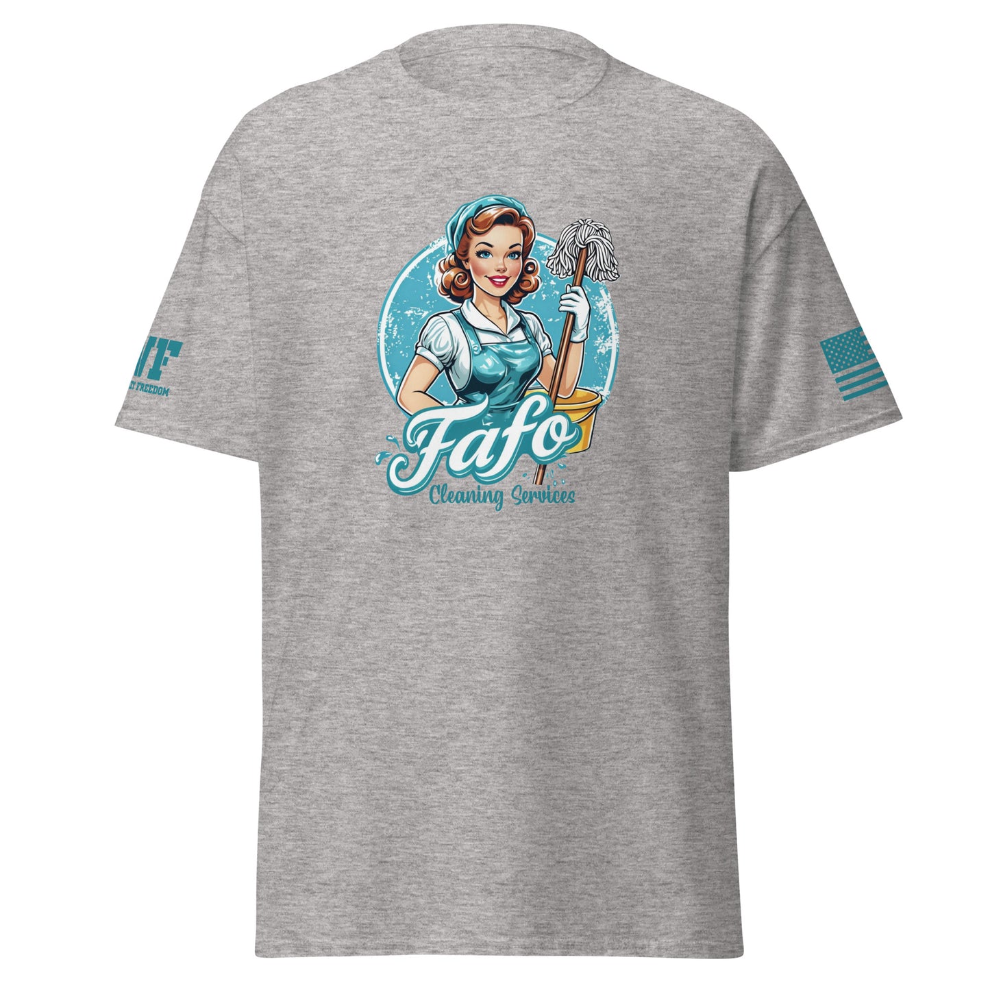 Light Grey Shirt that says FAFO Cleaning Services with a graphic of a maid with a mop and bucket.