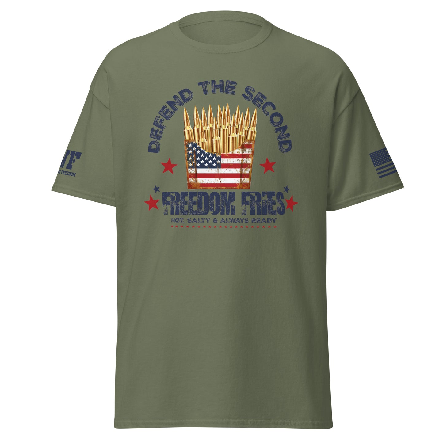 green patriotic 2A t-shirt that says defend the second freedom fries that has a French fry container full of bullets.