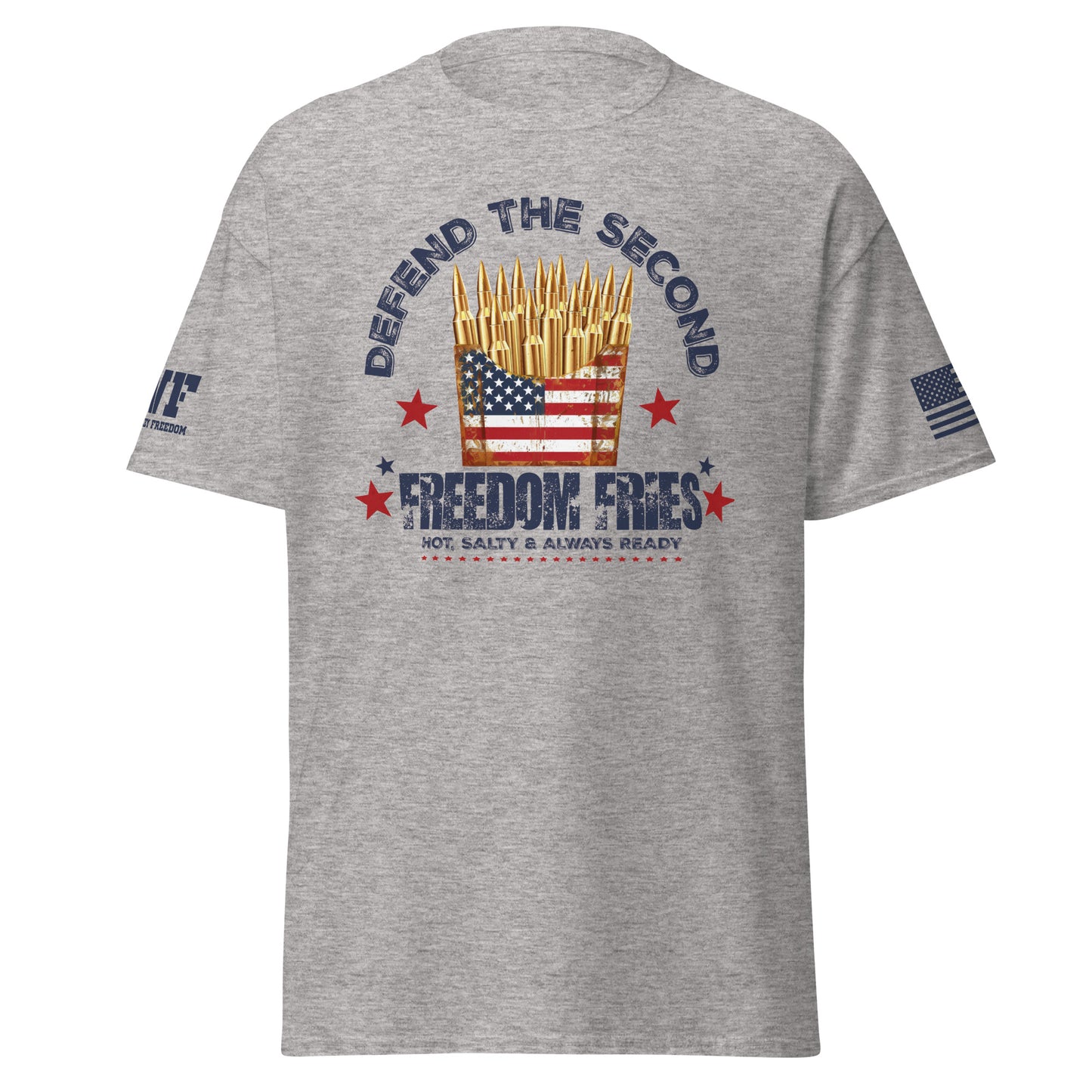 grey patriotic 2A t-shirt that says defend the second freedom fries that has a French fry container full of bullets.