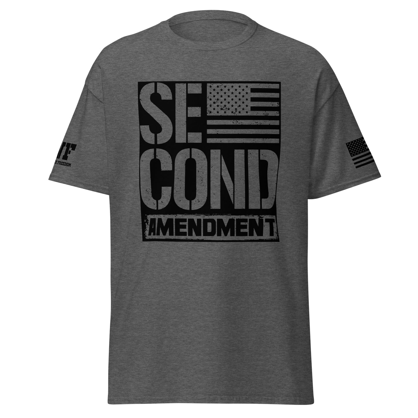 Grey patriotic t-shirt that says second amendment with an american flag