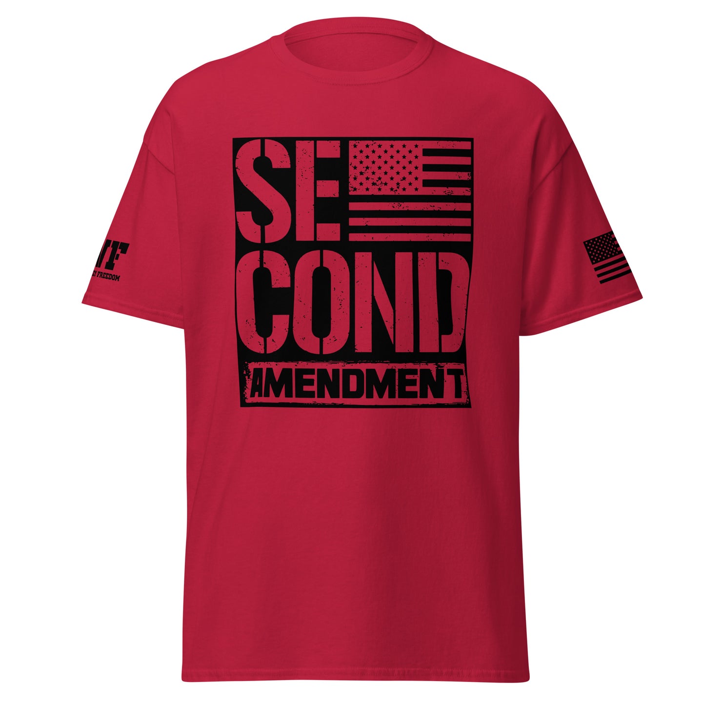 Red patriotic t-shirt that says second amendment with an american flag