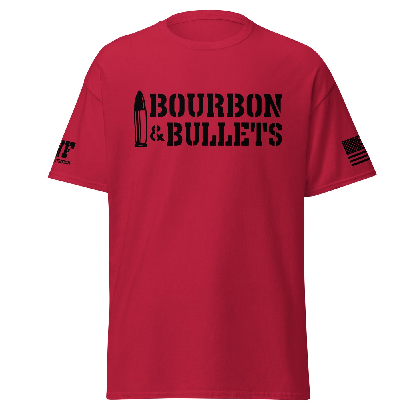 red shirt that says bourbon and bullets with a picture of a bullet