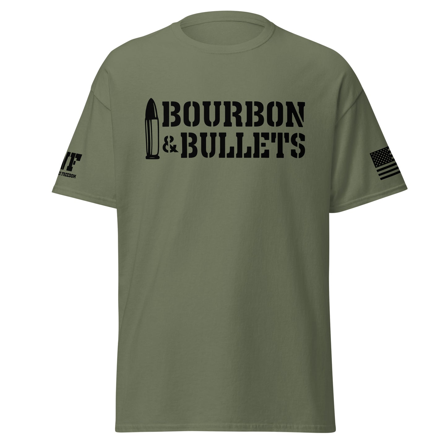 green shirt that says burbon and bullets with a picture of a bullet