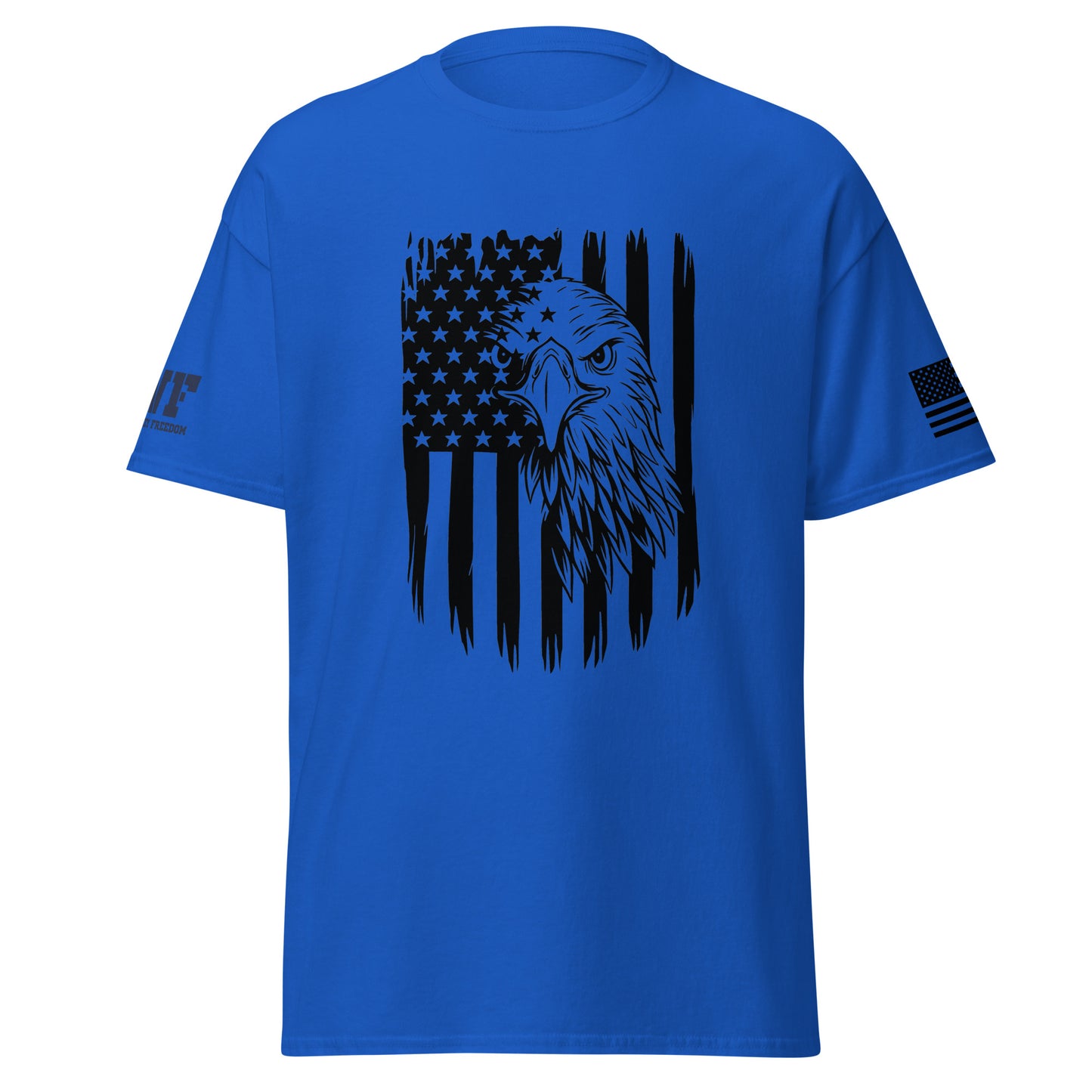 blue patriotic shirt with an American flag and an eagle on it