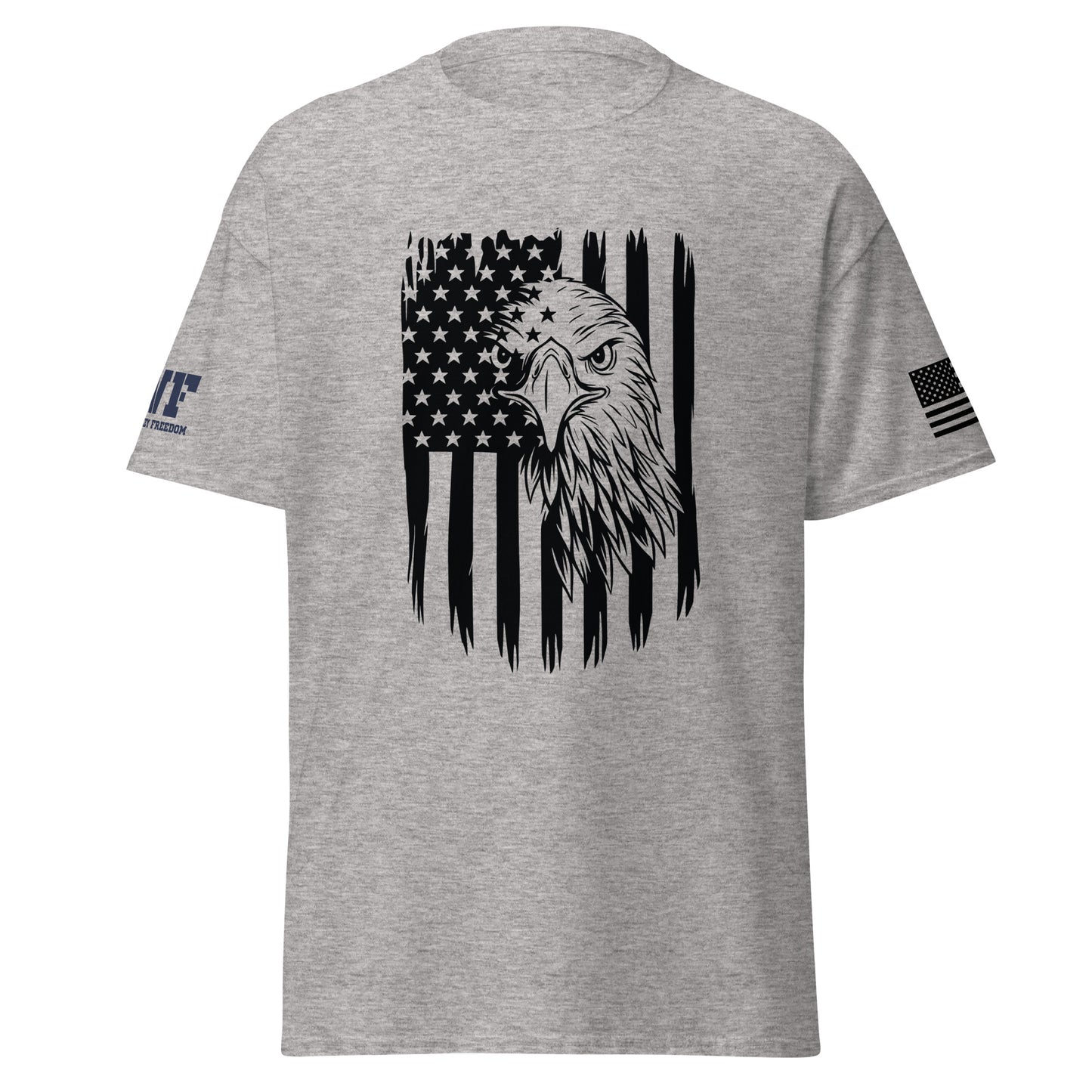 grey patriotic shirt with an American flag and an eagle on it
