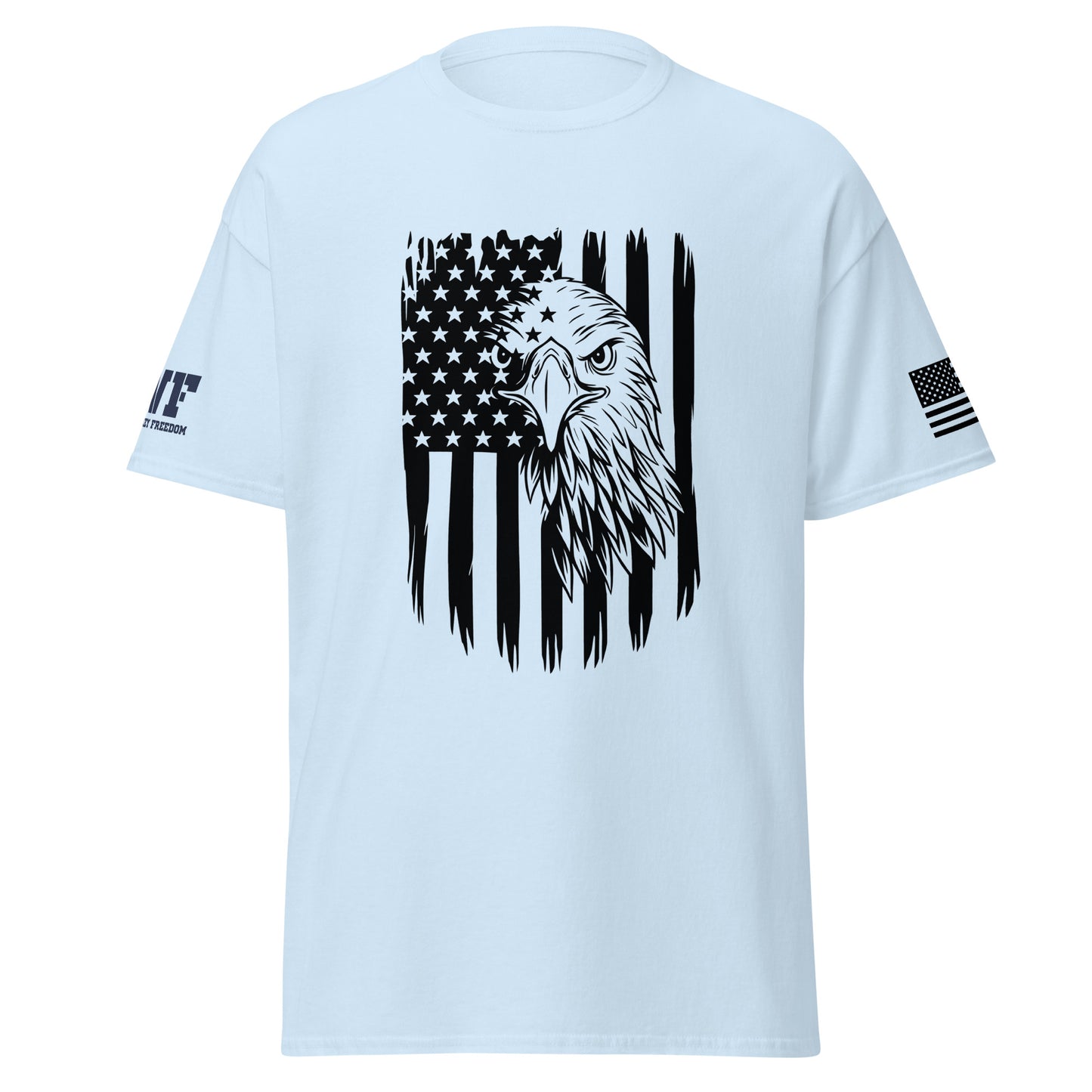 blue patriotic shirt with an American flag and an eagle on it