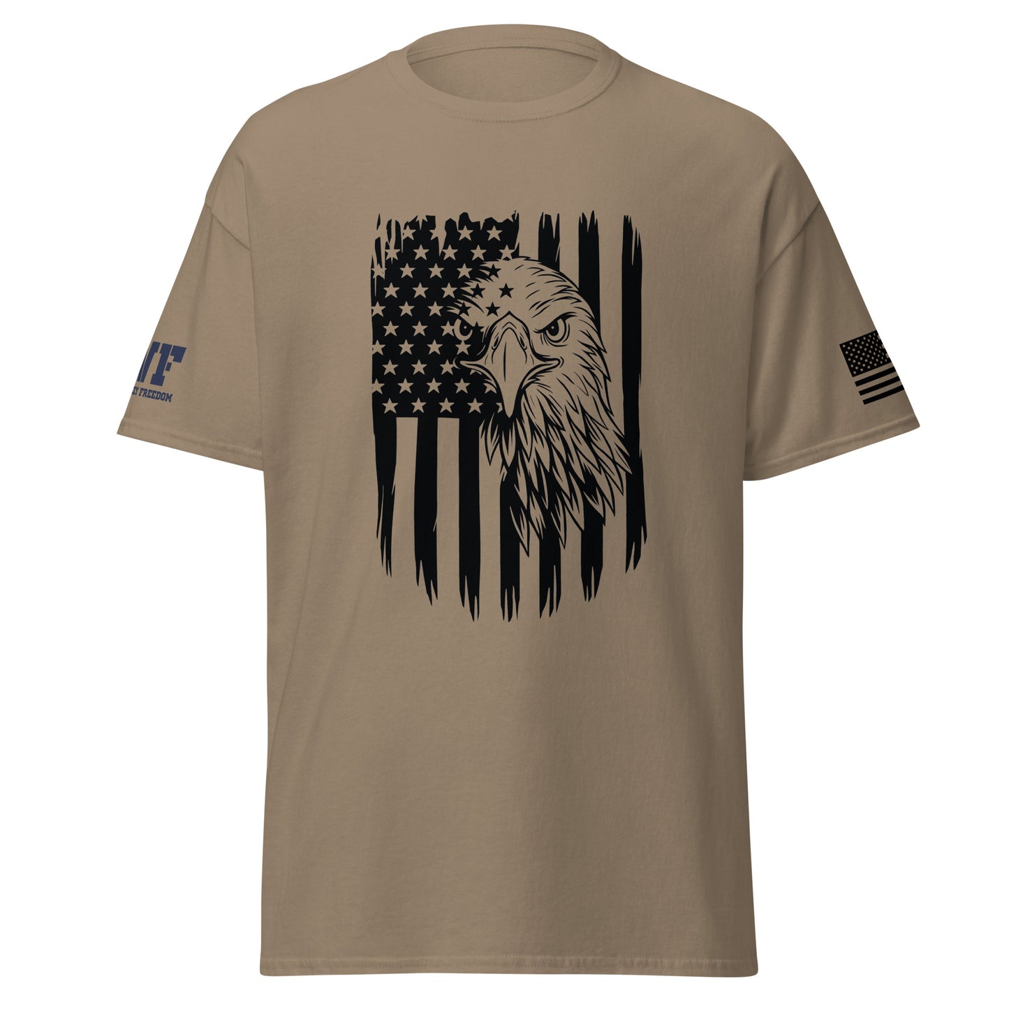 sand colored patriotic shirt with an American flag and an eagle on it