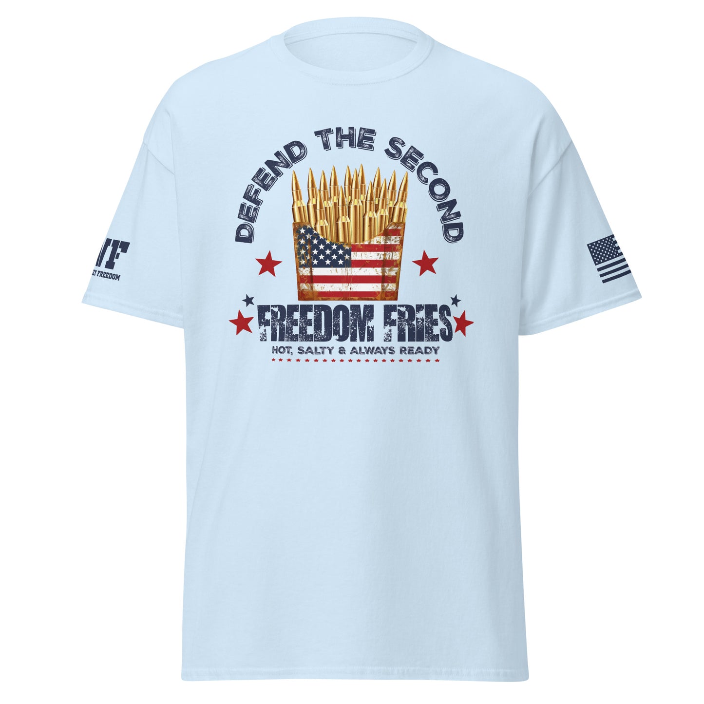 blue patriotic 2A t-shirt that says defend the second freedom fries that has a French fry container full of bullets.