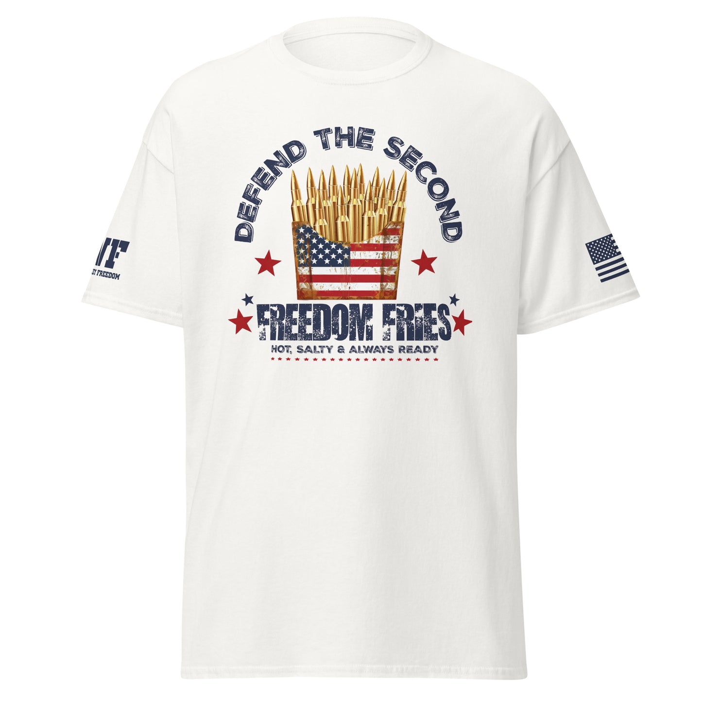 white patriotic 2A t-shirt that says defend the second freedom fries that has a French fry container full of bullets.