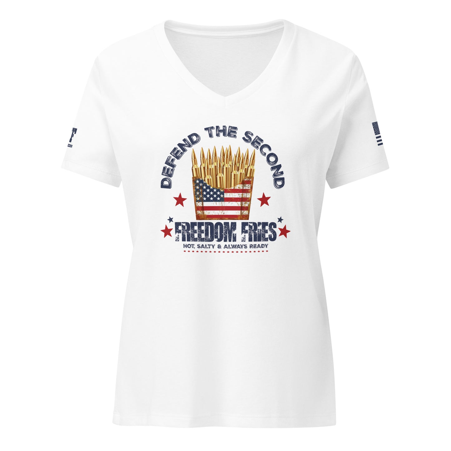 white V-neck patriotic 2A t-shirt that says defend the second freedom fries that has a French fry container full of bullets.