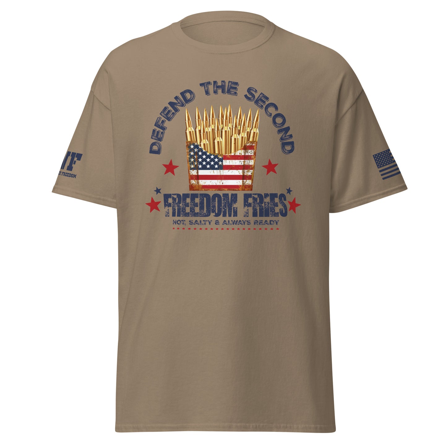 brown patriotic 2A t-shirt that says defend the second freedom fries that has a French fry container full of bullets.