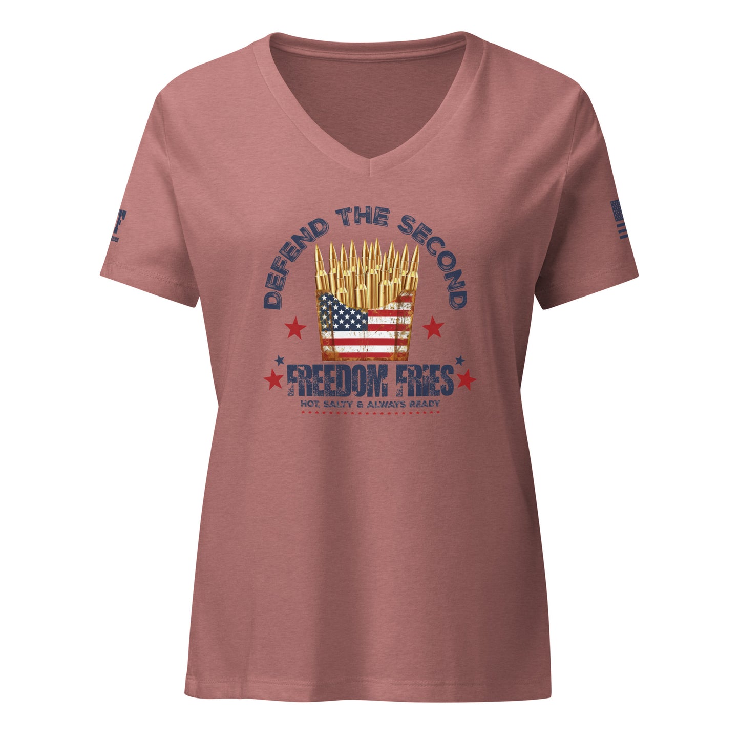 pink V-neck patriotic 2A t-shirt that says defend the second freedom fries that has a French fry container full of bullets.