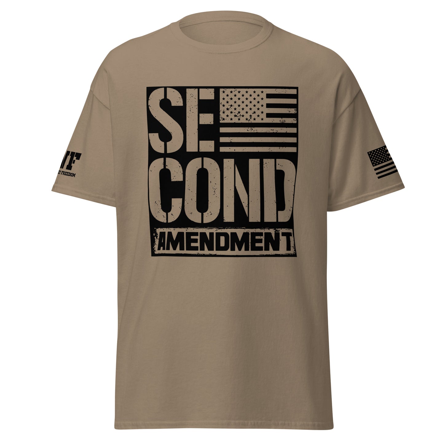Brown Patriotic t-shirt that says second amendent with an american flag