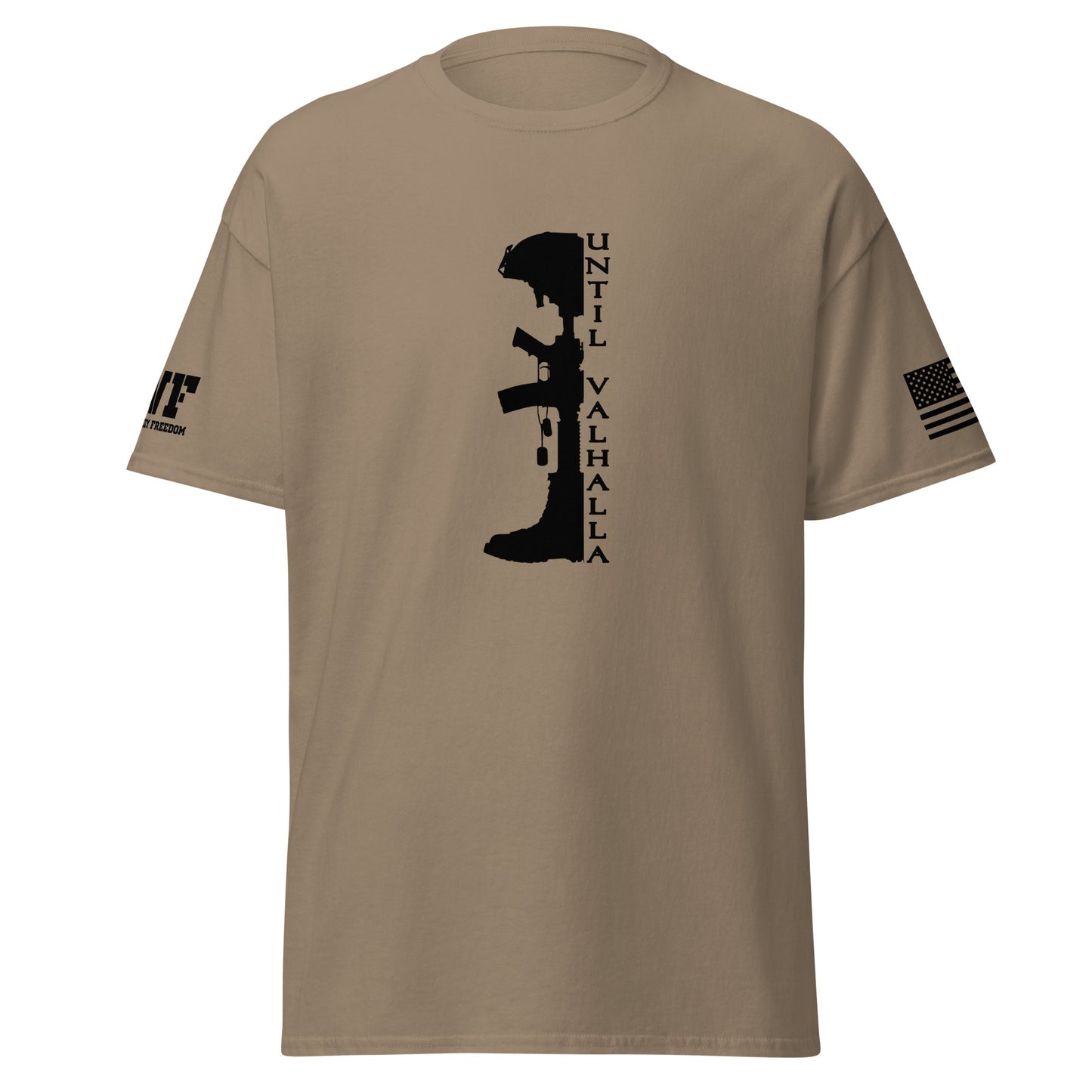 Brown T-shirt that says until valhalla with military boots, helmet and rifle.