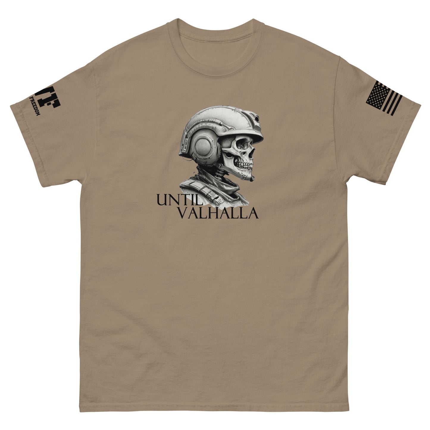 brown t-shirt that says until valhalla with a skeleton soldier.