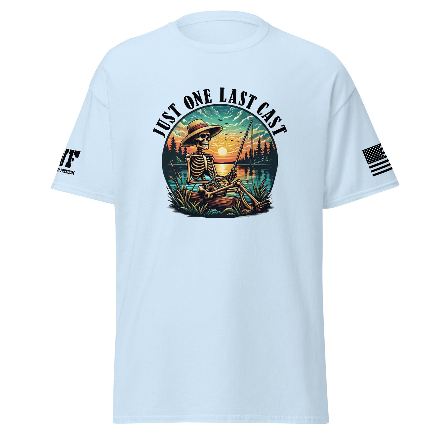 Blue Shirt with a skeleton fisherman fishing on a lake. Says Just one last cast.