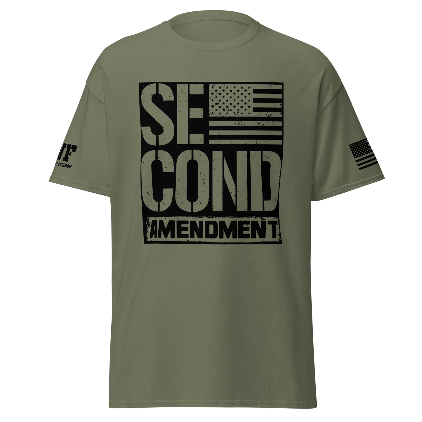 Green patriotic t-shirt that says second amendment with an american flag
