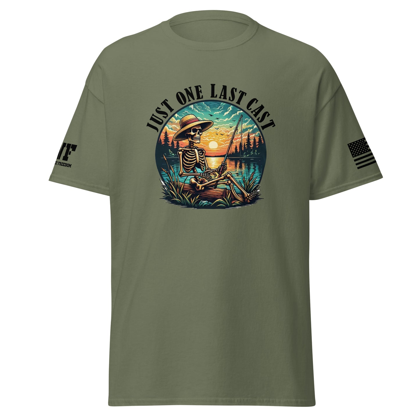 green Shirt with a skeleton fisherman fishing on a lake. Says Just one last cast.