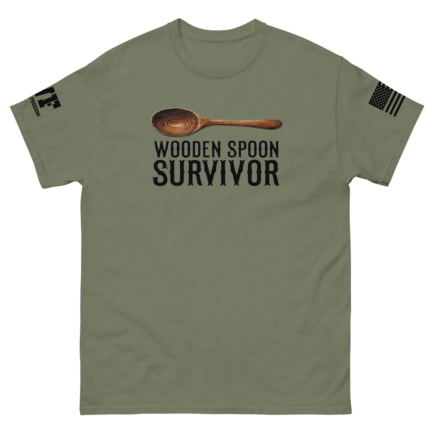 Green Shirt with a picture of a wooden spoon that says wooden spoon survivor