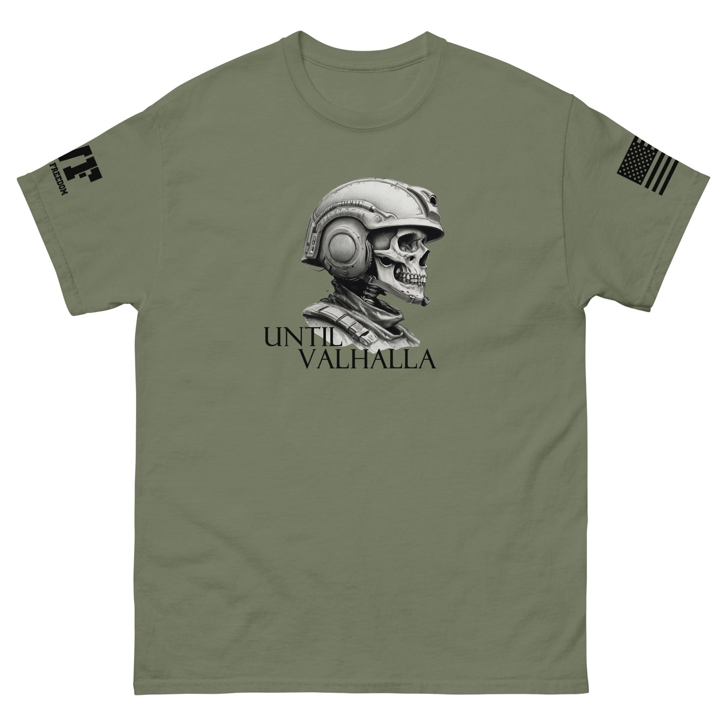 Green t-shirt that says until valhalla with a skeleton soldier.