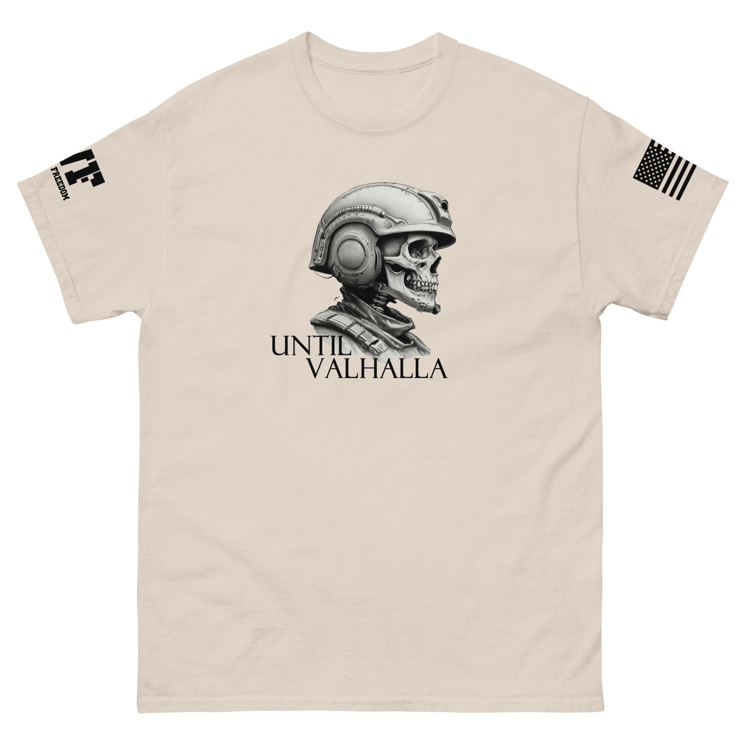 beige t-shirt that says until valhalla with a skeleton soldier.