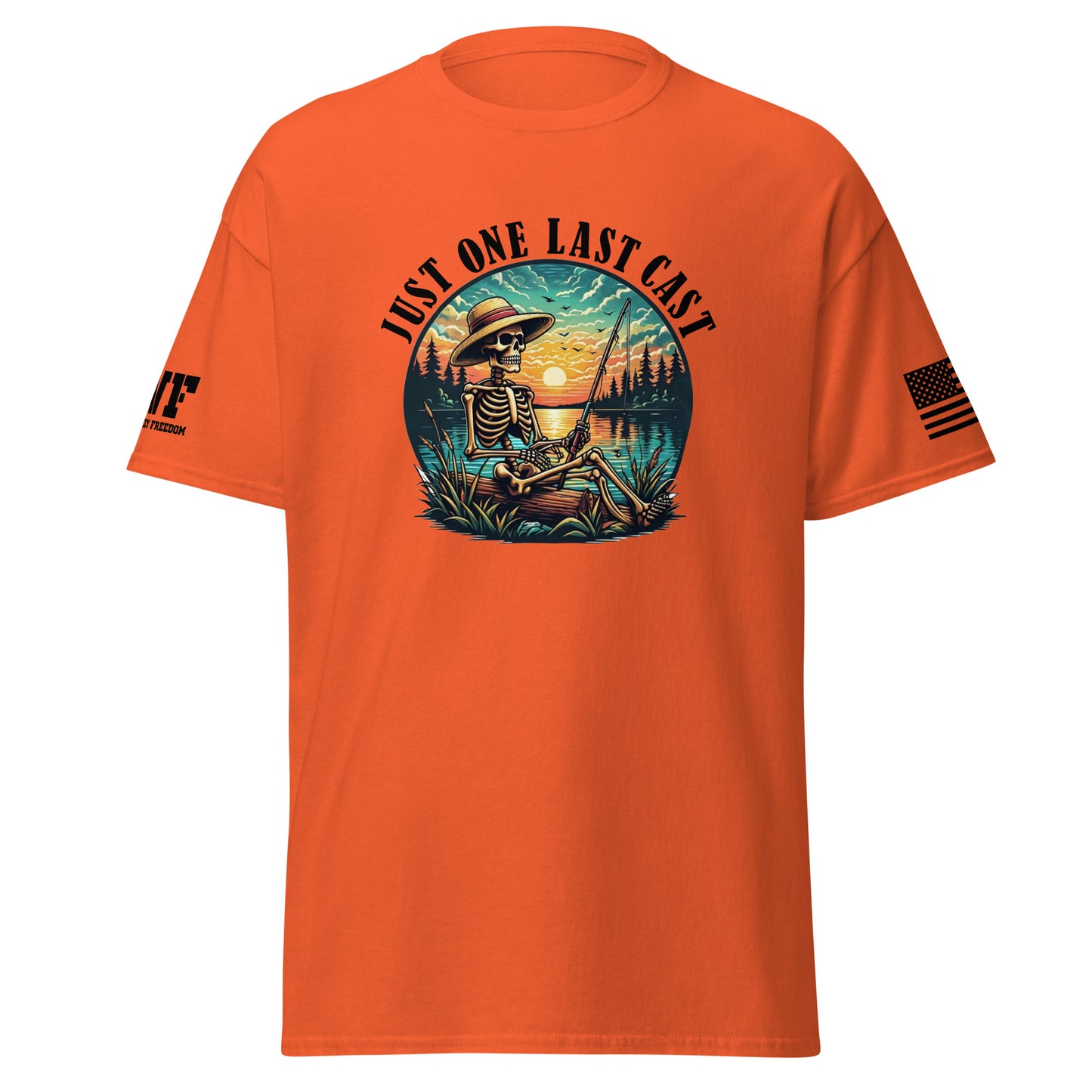 orange Shirt with a skeleton fisherman fishing on a lake. Says Just one last cast.