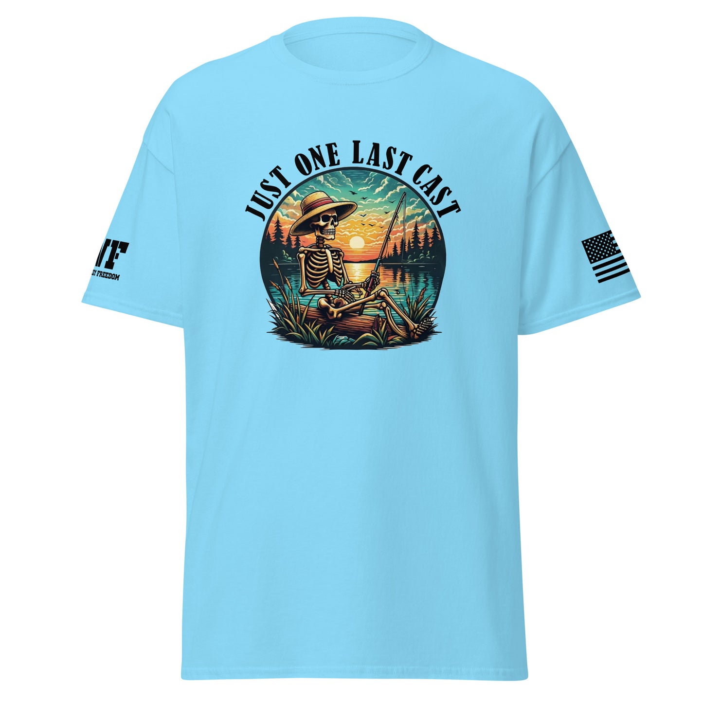 Blue Shirt with a skeleton fisherman fishing on a lake. Says Just one last cast.