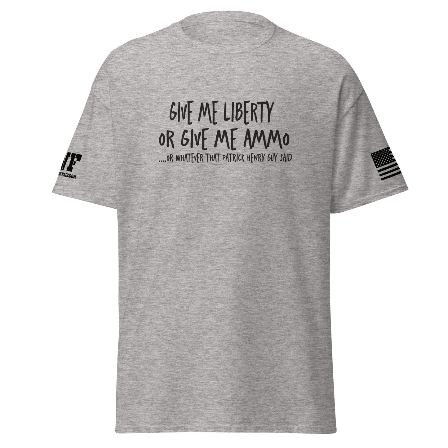Red second amendment t-shirt that says give me liberty or give me ammo.