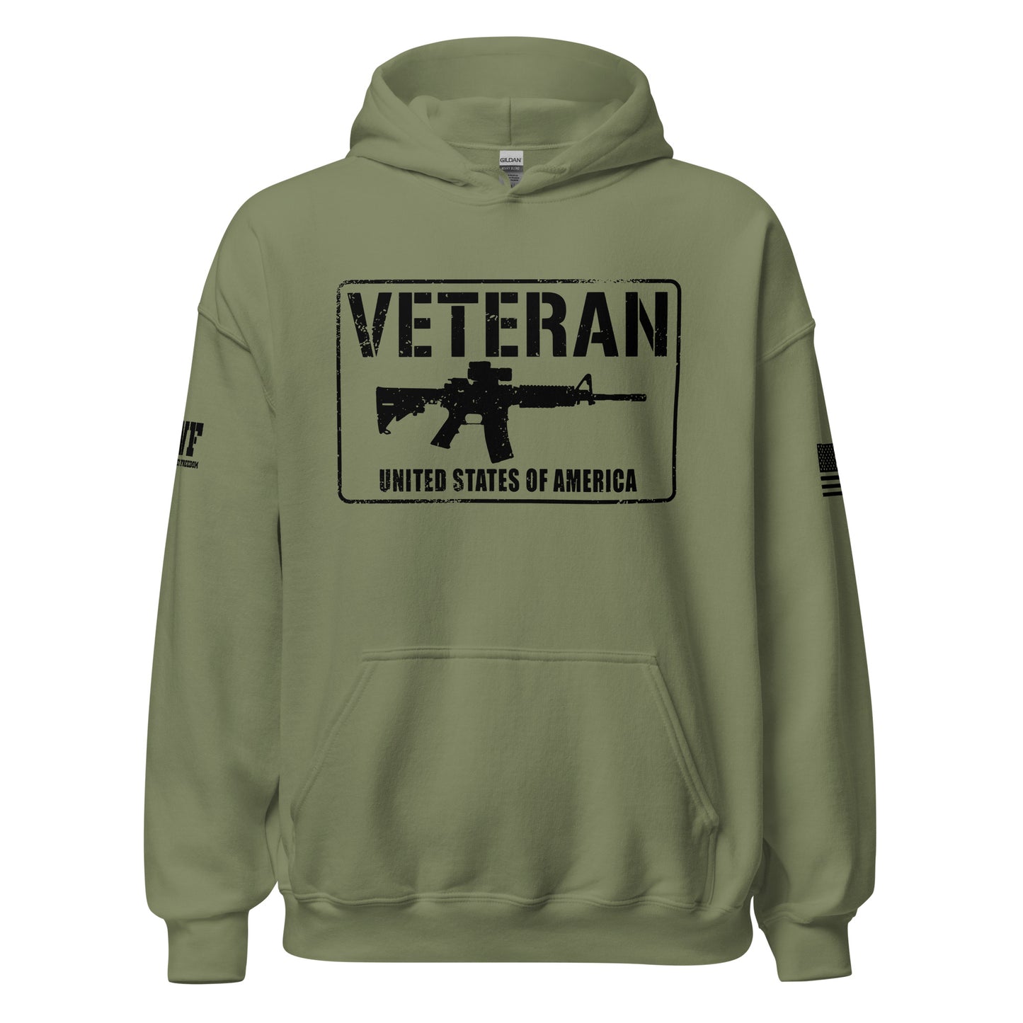 green hoodie that says veteran of the united states of america with a picture of an ar rifle.