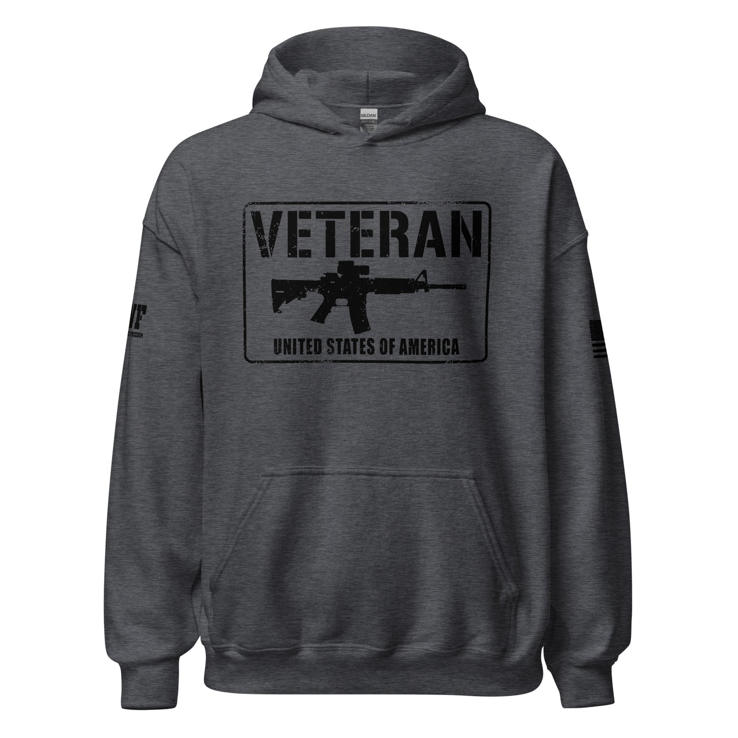 grey hoodie that says veteran of the united states of america with a picture of an ar rifle.
