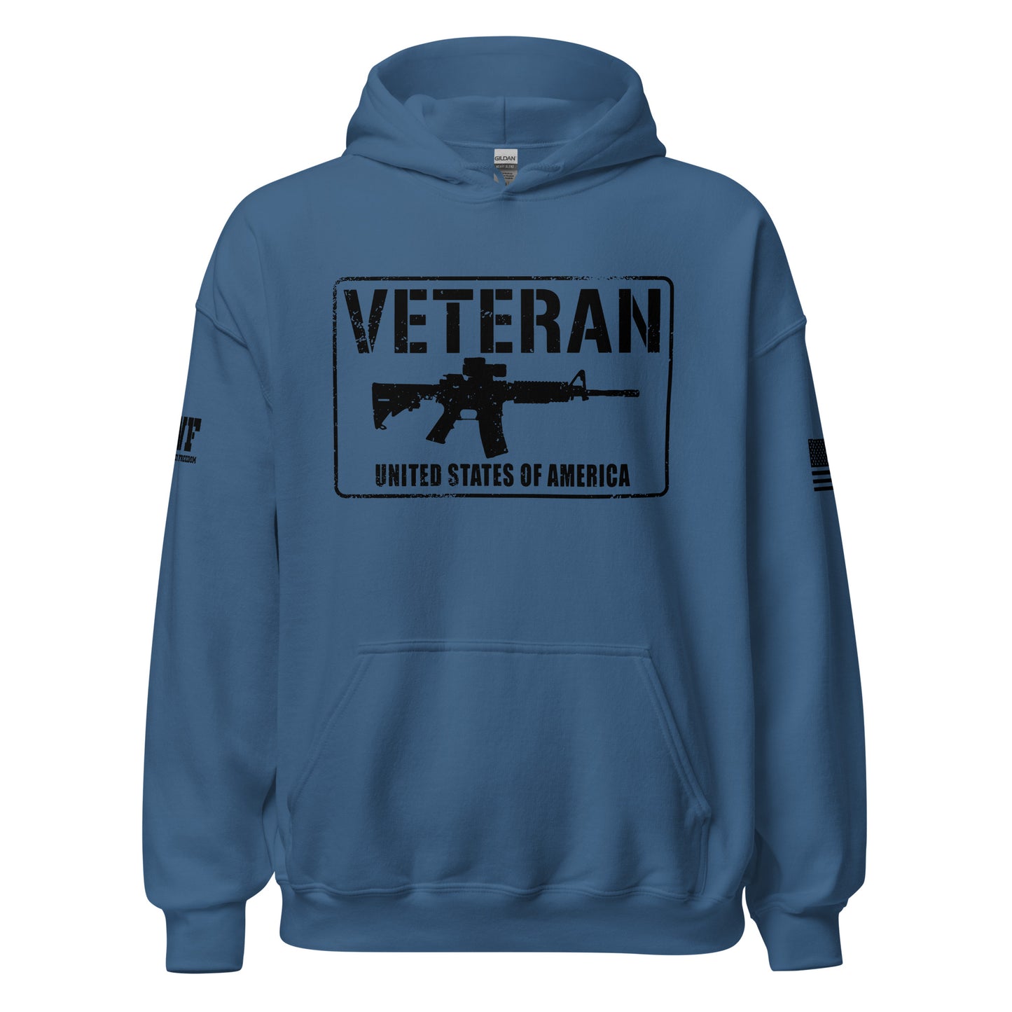 light blue hoodie that says veteran of the united states of america with a picture of an ar rifle.Product mockup
