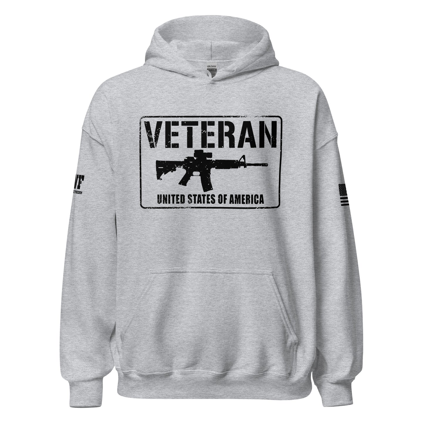 light grey hoodie that says veteran of the united states of america with a picture of an ar rifle.