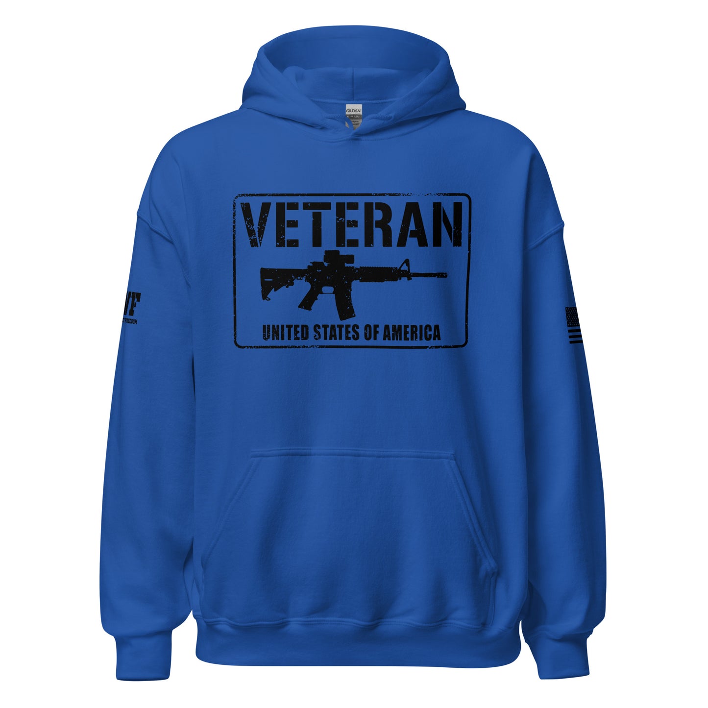 royal blue hoodie that says veteran of the united states of america with a picture of an ar rifle.