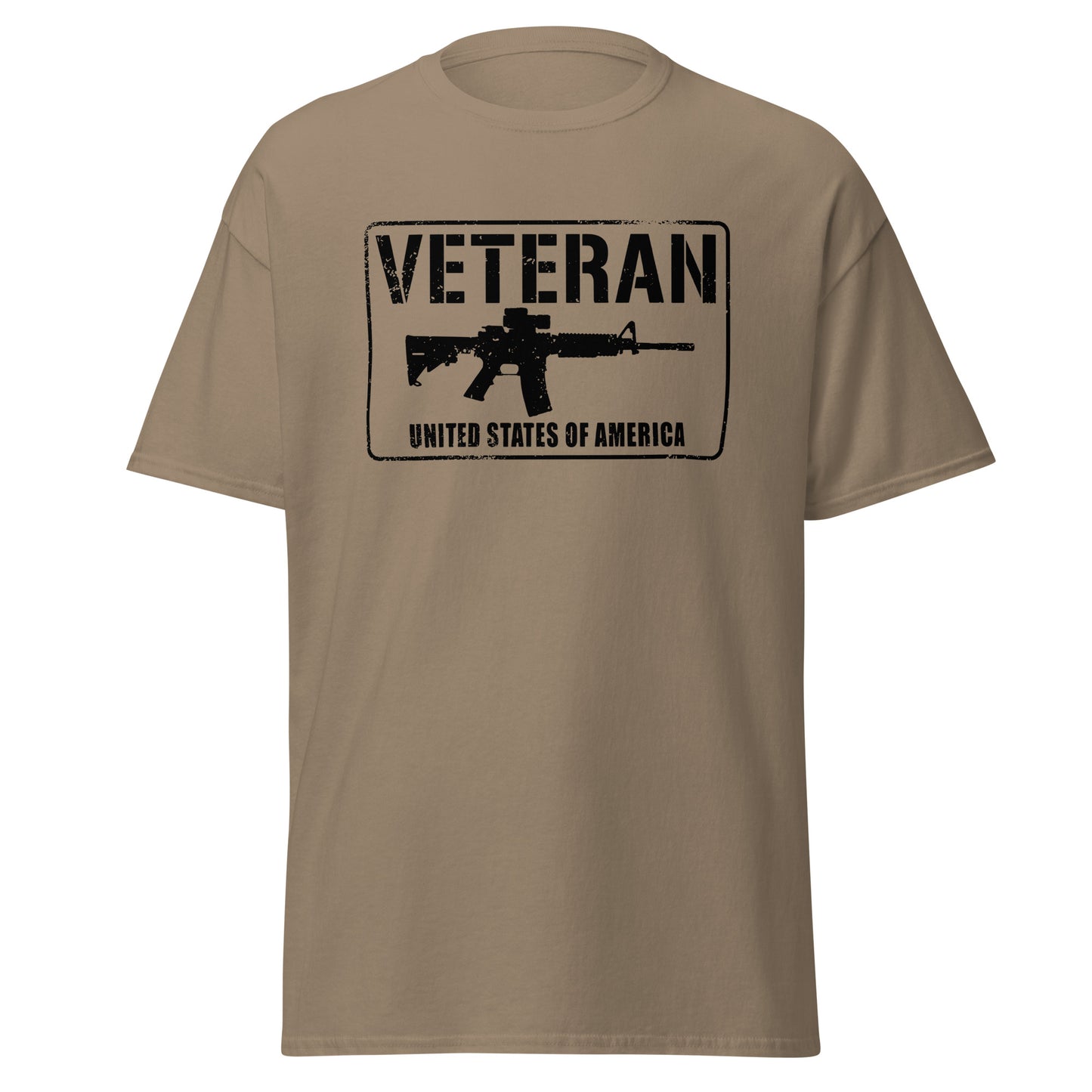Tan beige T-shirt that says veteran of the united states of america with a picture of an ar rifle.