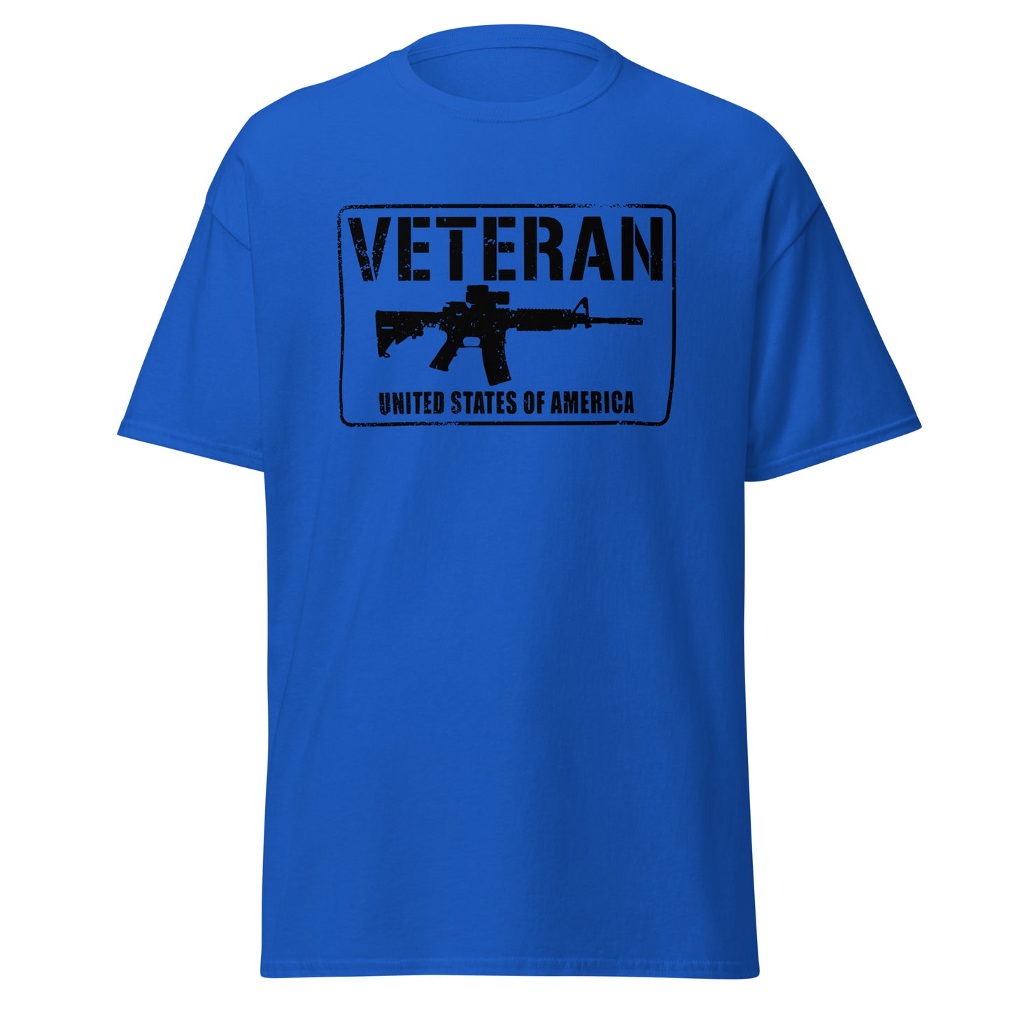 Blue T-shirt that says veteran of the united states of america with a picture of an ar rifle.