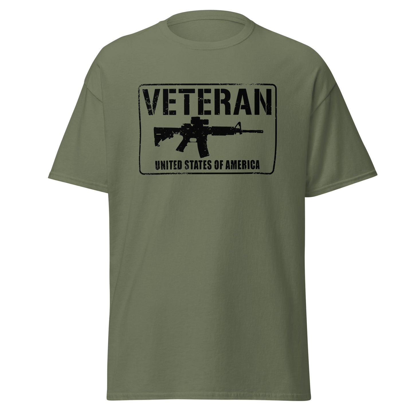 Green T-shirt that says veteran of the united states of america with a picture of an ar rifle.
