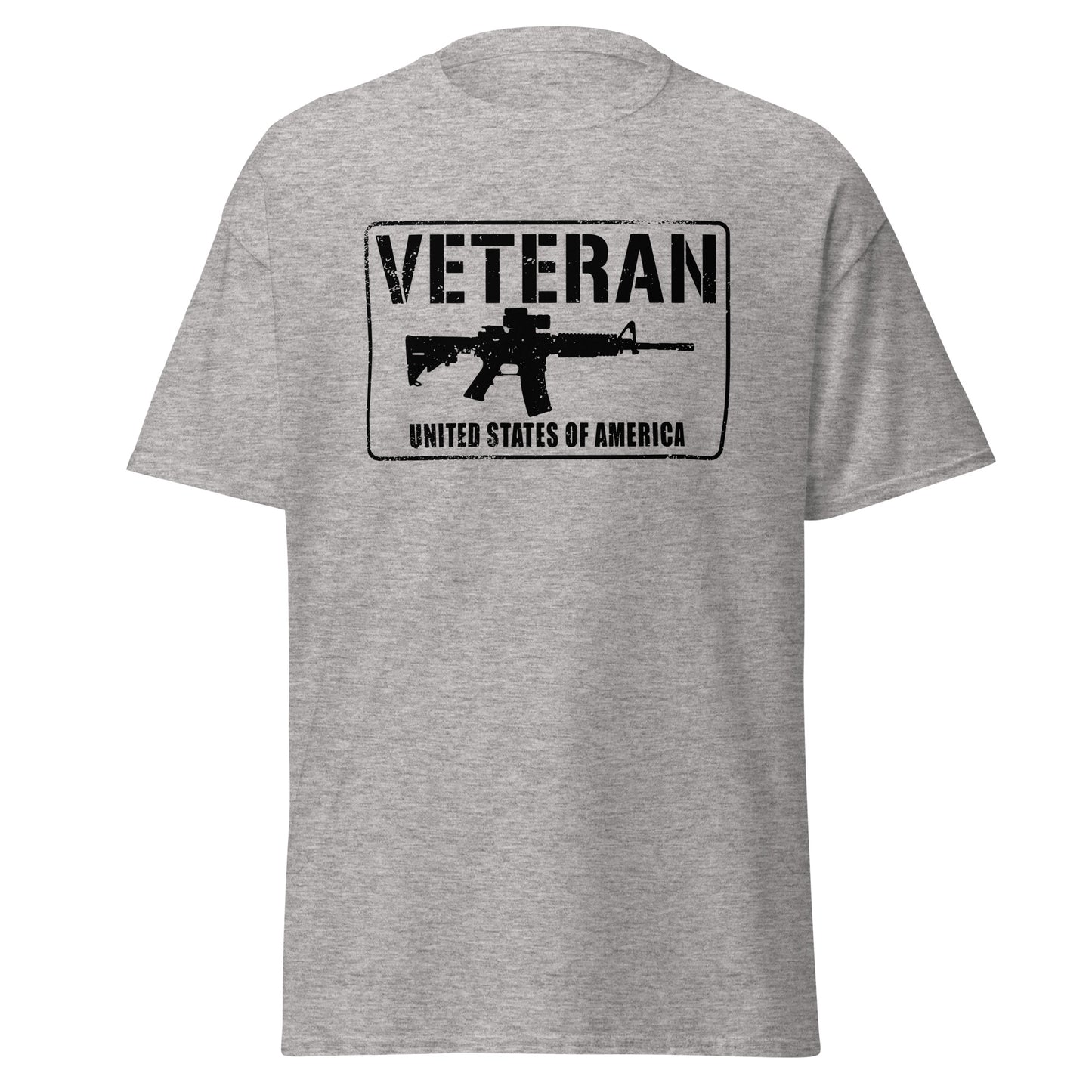 Grey T-shirt that says veteran of the united states of america with a picture of an ar rifle.