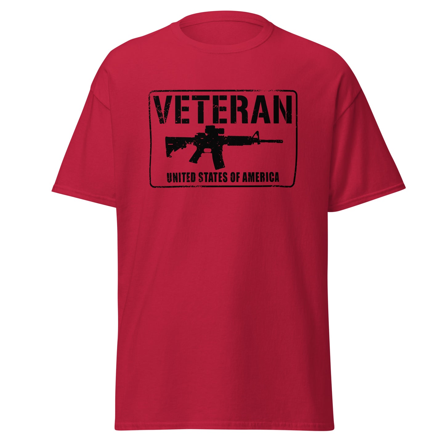 Red T-shirt that says veteran of the united states of america with a picture of an ar rifle.
