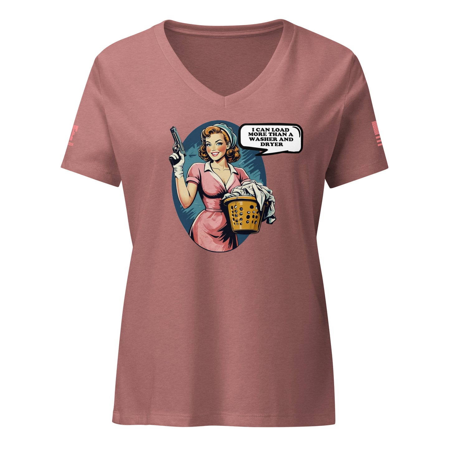 pink 2A shirt woman holding a laundry basket and a pistol. Says I can load more than a washer and dryer