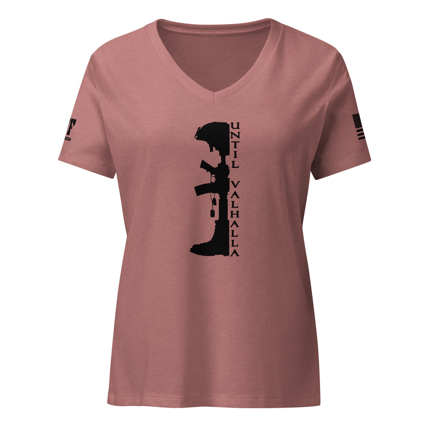 women's pink v-neck t-shirt that says until valhalla with a picture of military boots, helmet and a rifle