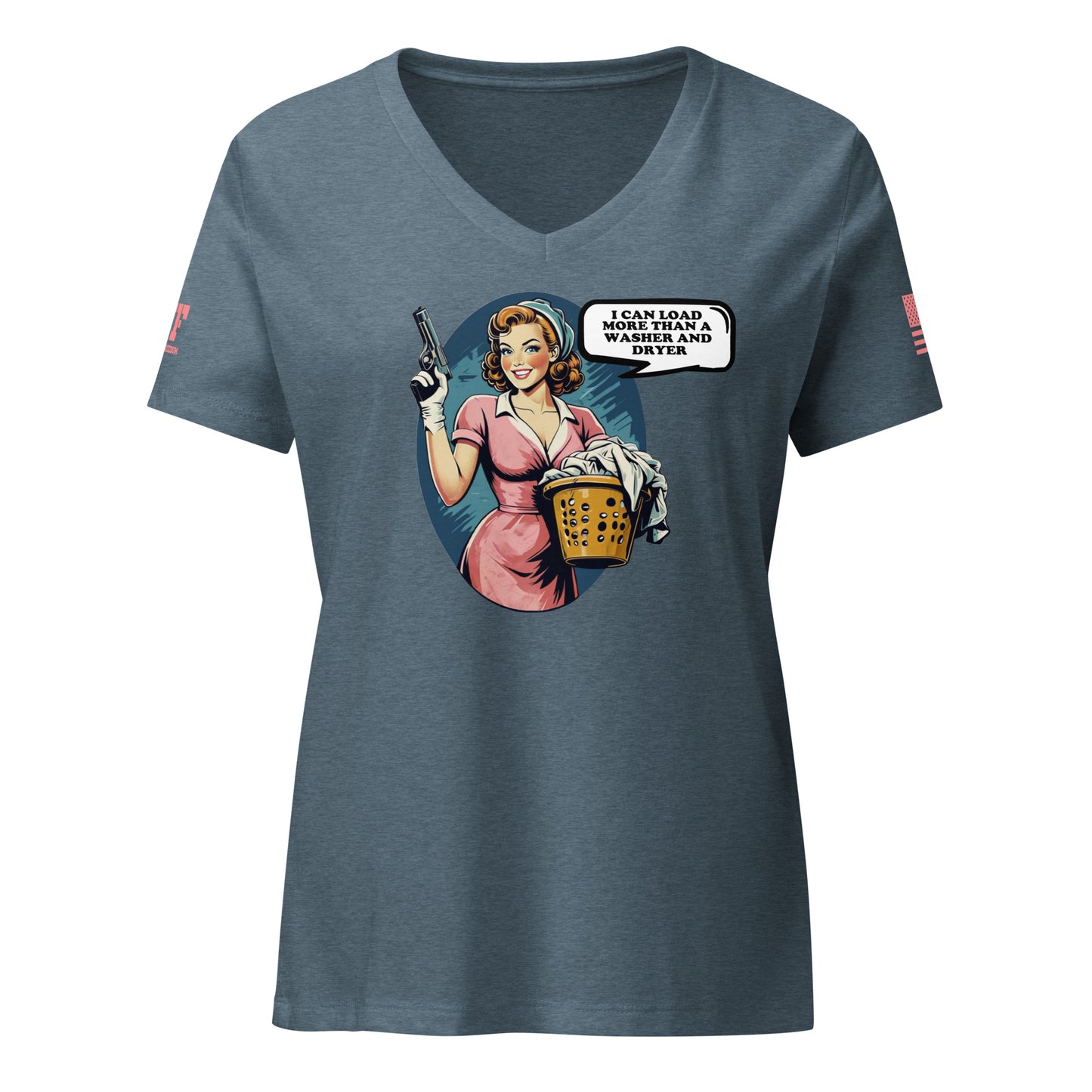 blue 2A shirt woman holding a laundry basket and a pistol. Says I can load more than a washer and dryer