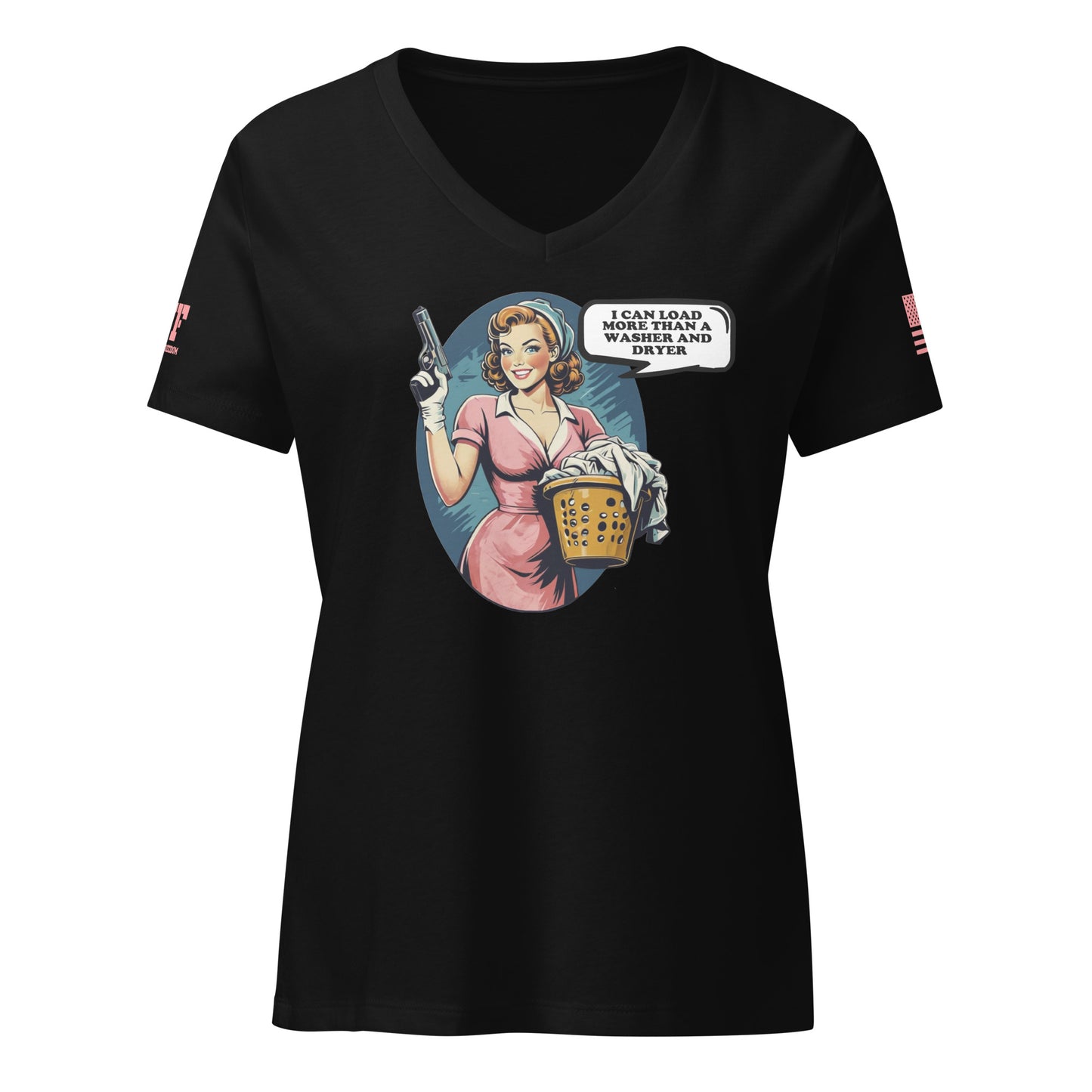 black 2A shirt woman holding a laundry basket and a pistol. Says I can load more than a washer and dryer