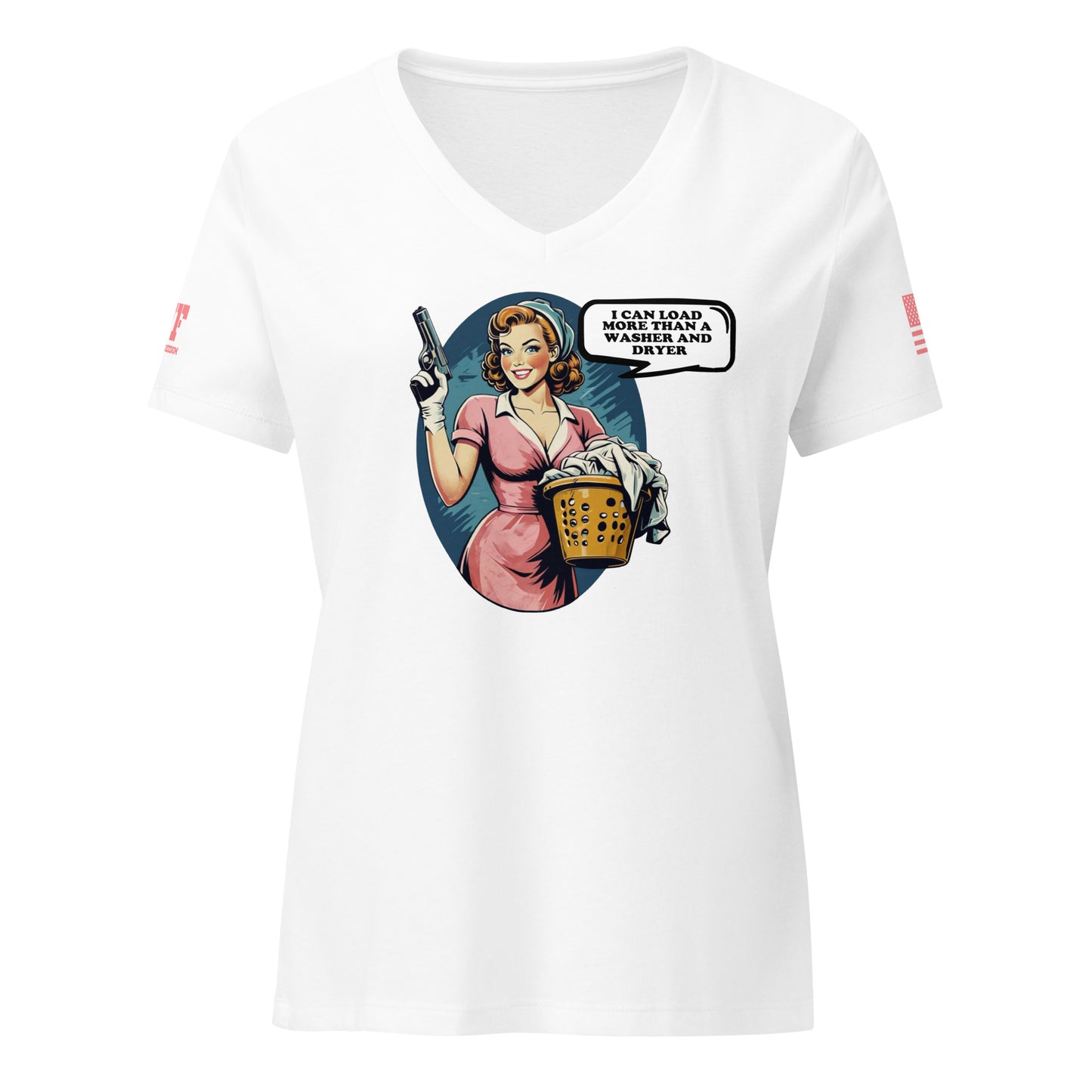 white 2A shirt woman holding a laundry basket and a pistol. Says I can load more than a washer and dryer