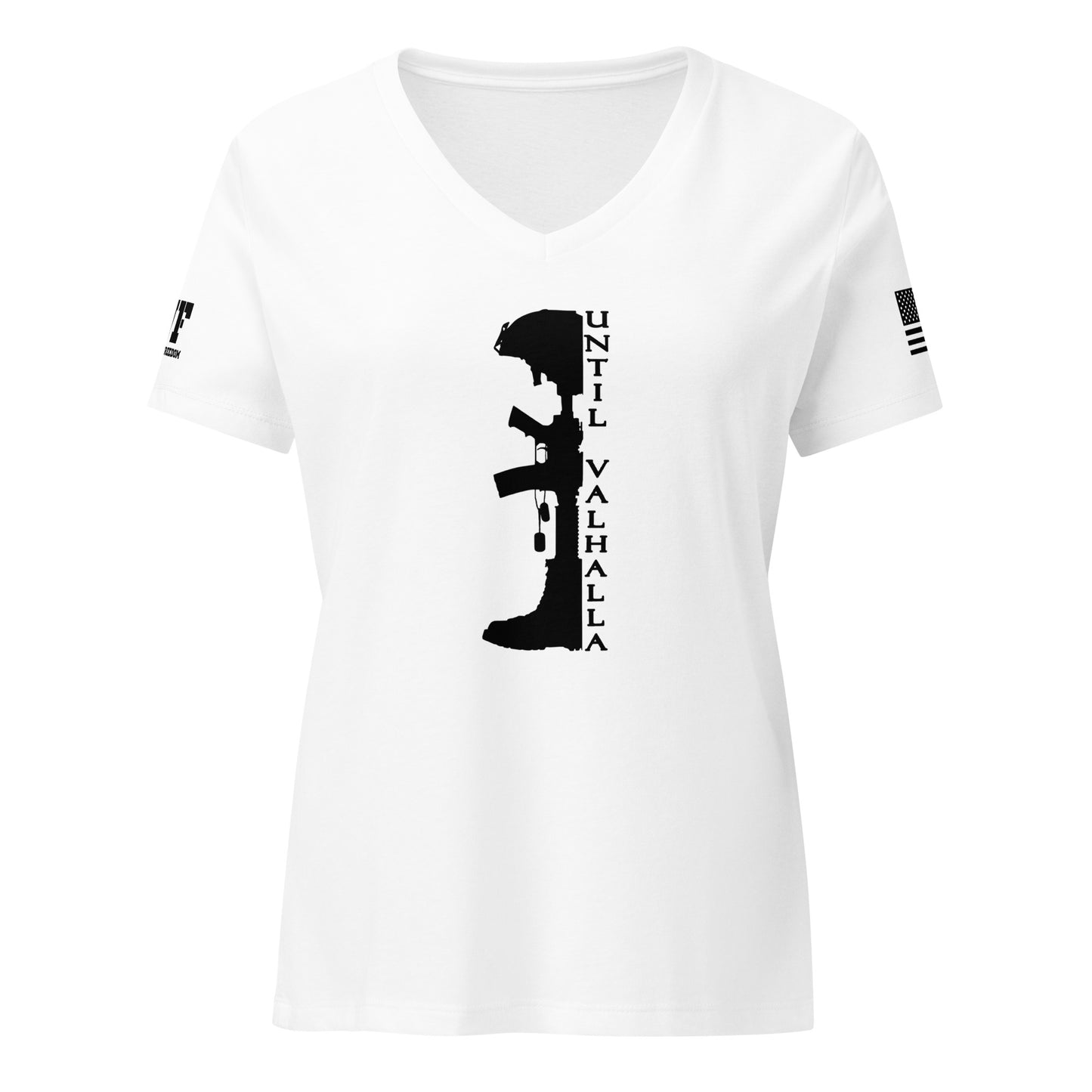 women's white v-neck t-shirt that says until valhalla with a picture of military boots, helmet and a rifle