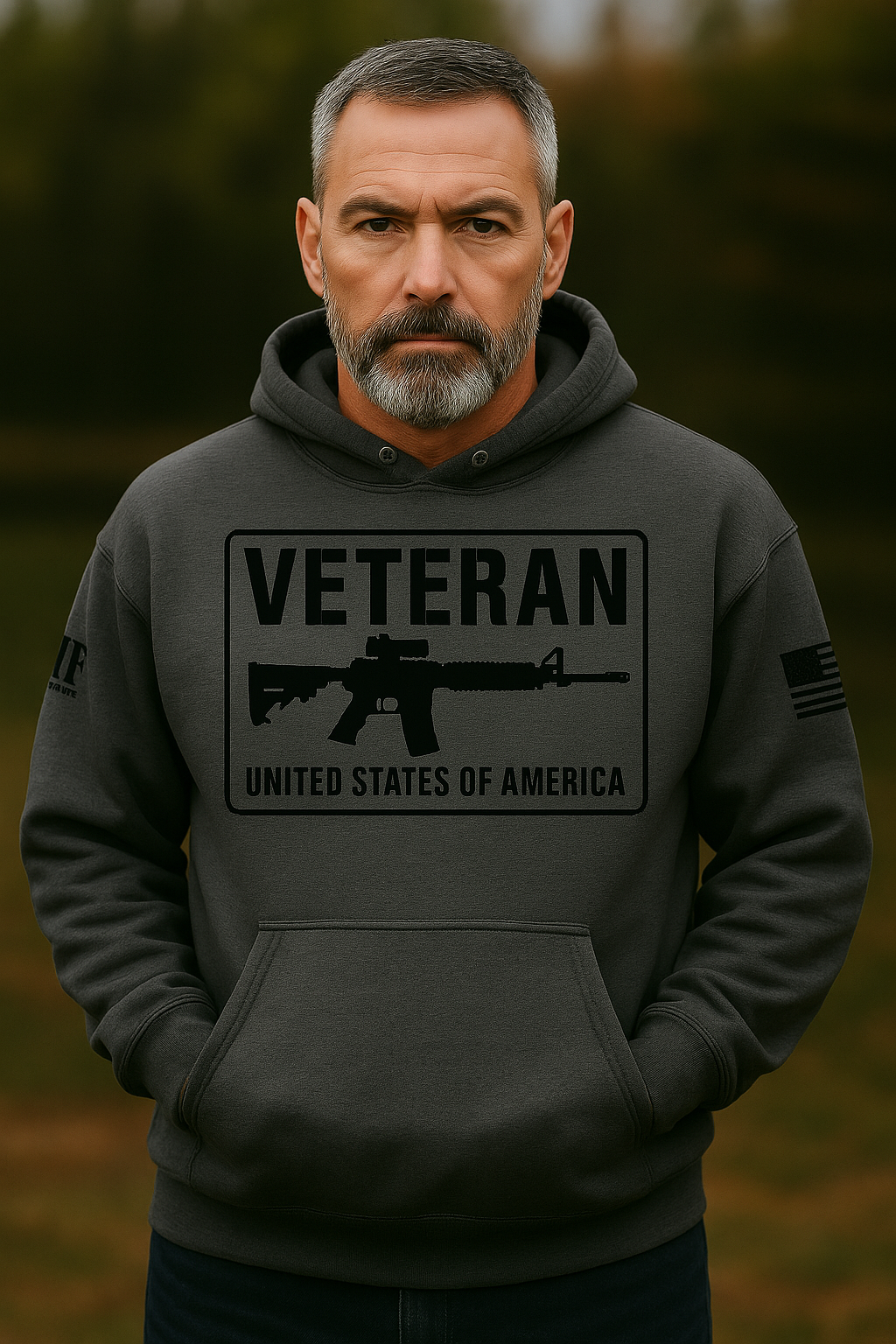 Military Green pull over hoodie that says veteran united states of america with a picture of a rifle. 